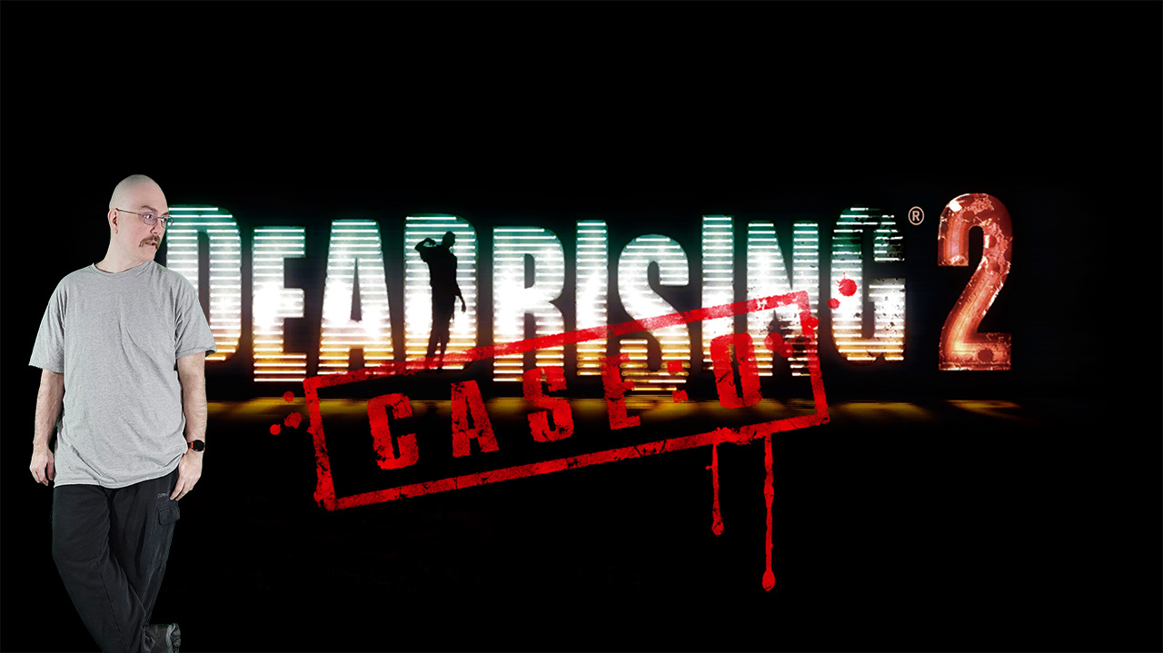 Dead Rising 2: Case 0 promotional image featuring a man standing to the side of the game's logo, which includes a zombie silhouette. The words 