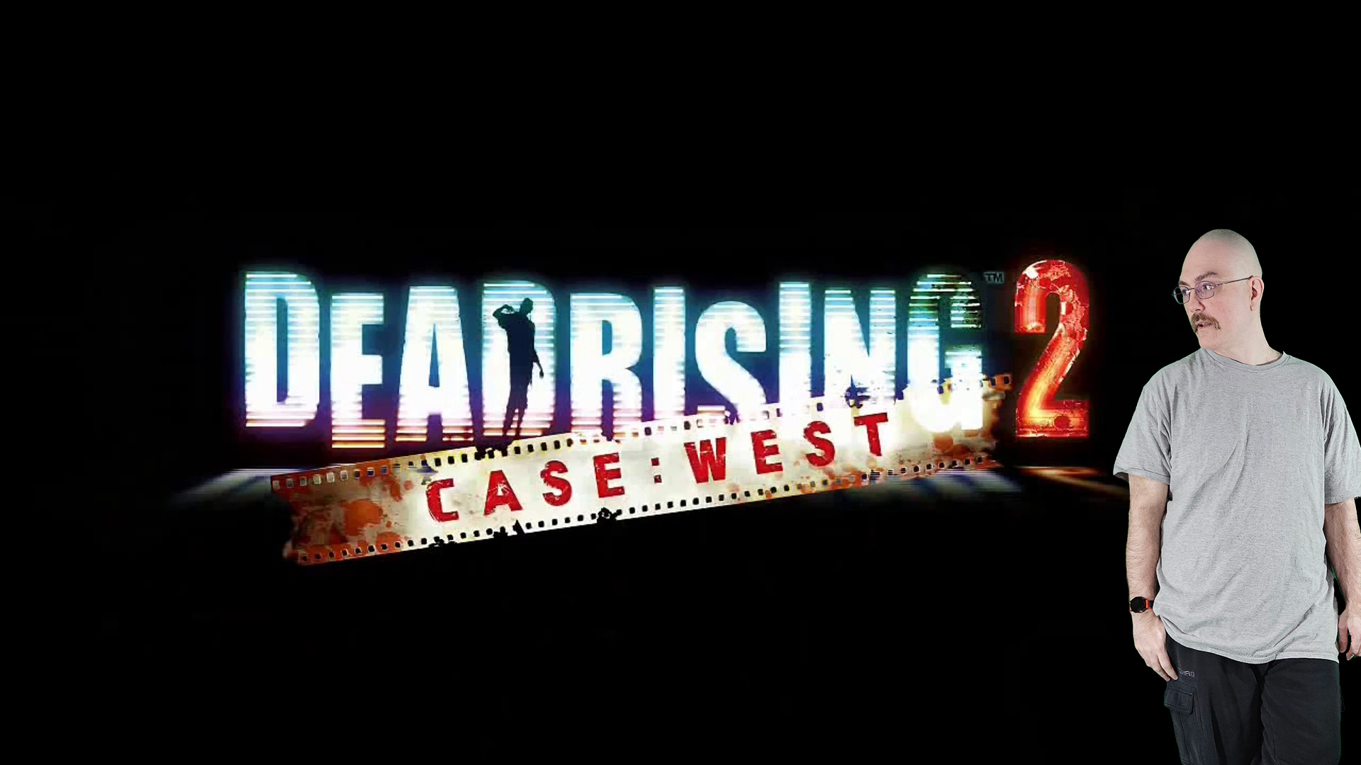 Dead Rising 2: Case West title screen with a silhouette of a figure standing in front of the game's logo. A man in a gray shirt stands to the right, looking at the camera.