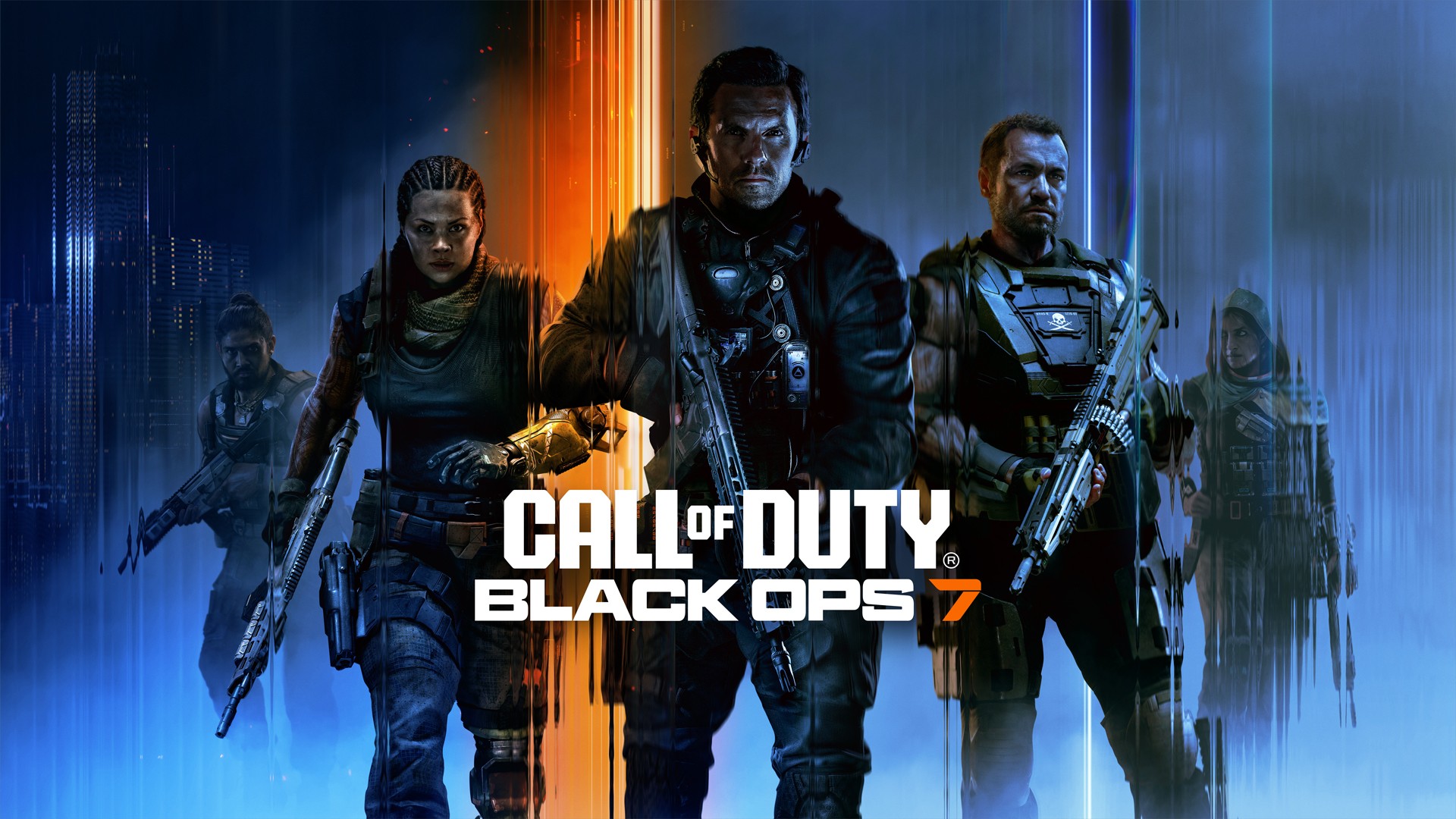 Call of Duty: Black Ops 7 features a team of battle-hardened soldiers standing ready. The squad, armed with tactical gear and weapons, is set against a backdrop of urban ruins and dynamic lighting.